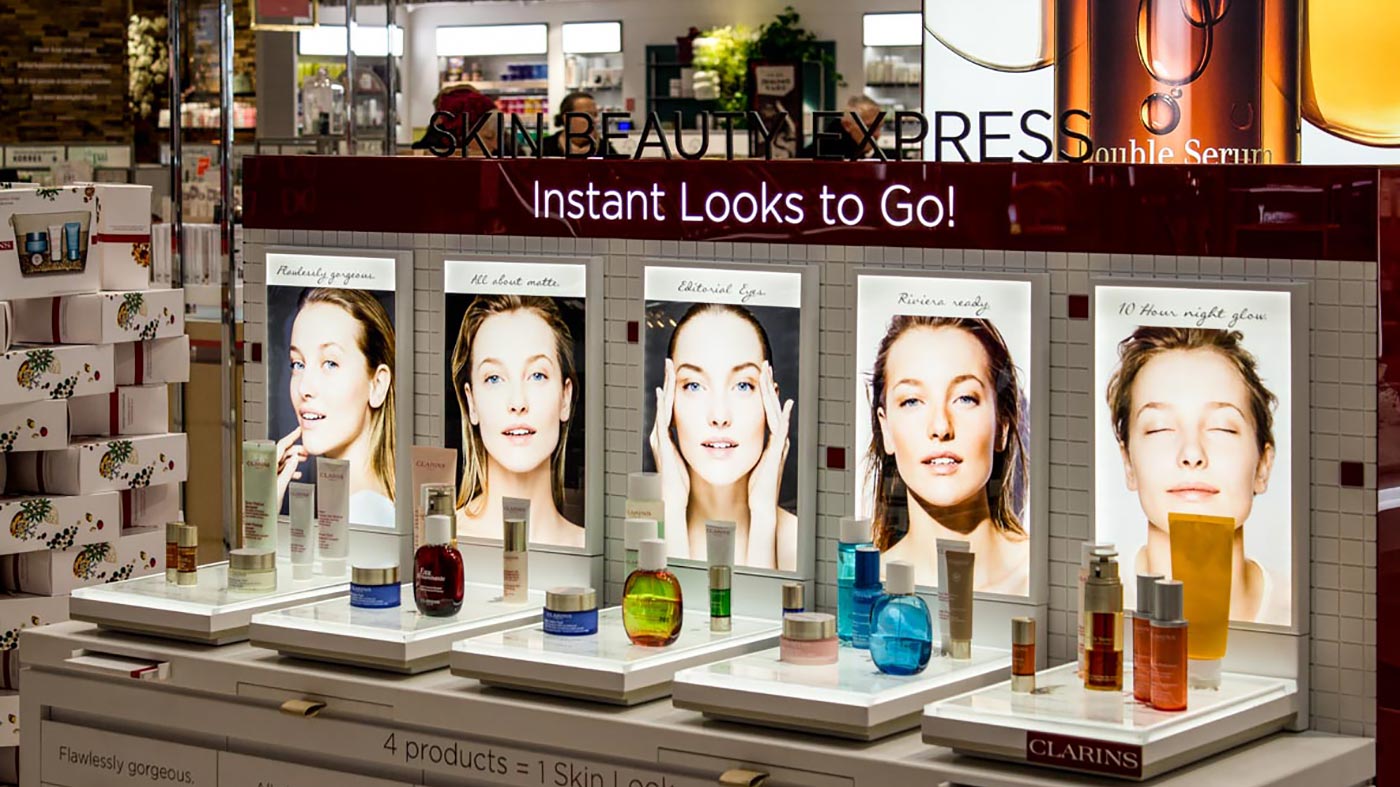 Butiksskilte Duratrans Backlit Clarins udstilling